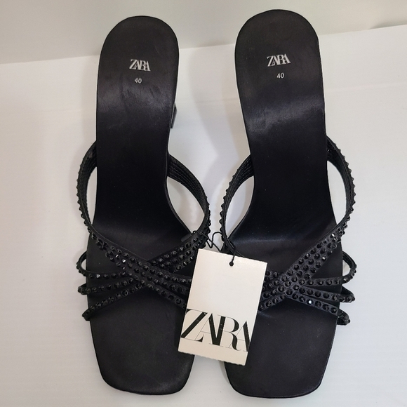 ZARA SATIN EFFECT RHINESTONE HEELED SANDALS BLACK SIZE 9 | 1815/110/800 - Picture 8 of 12